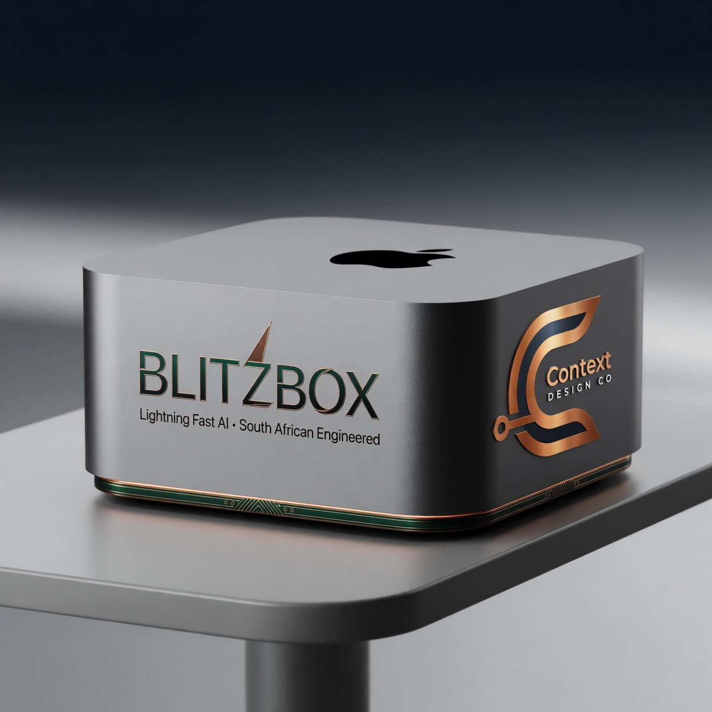 BlitzBox on a polished steel pedestal — light, premium